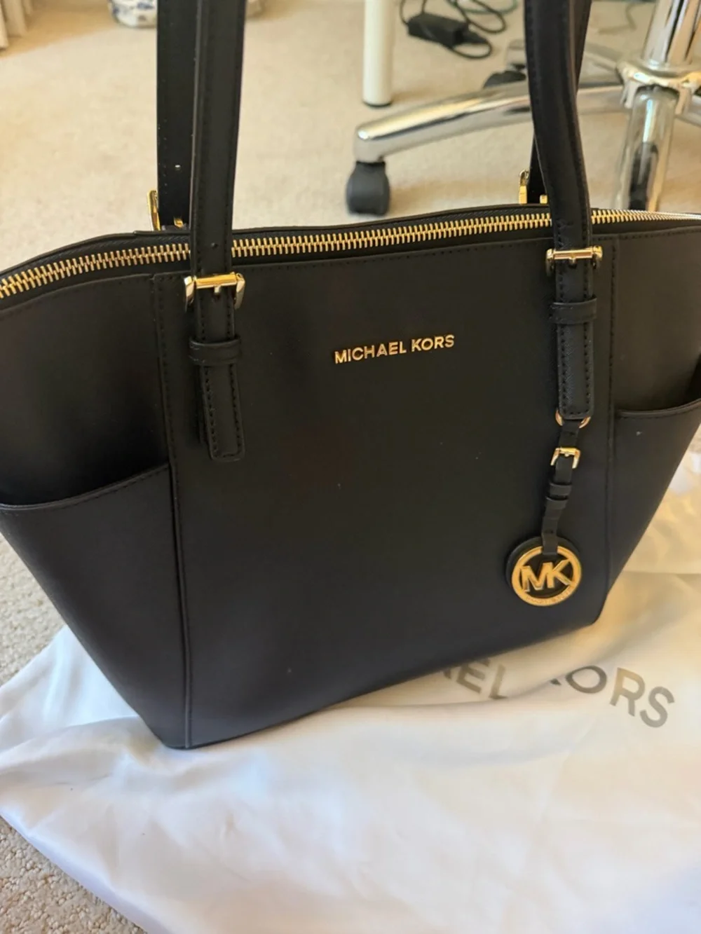 Michael Kors Black Saffiano Leather Double-Handle Tote with Gold Hardware